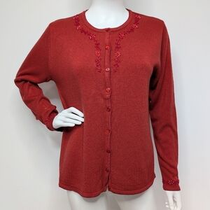 Vintage 90s Muted Burnt Orange Button Up Cardigan Sweater With Floral Beadwork